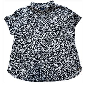 Tommy Hilfiger Navy and White Floral Button Down Short Sleeve Top